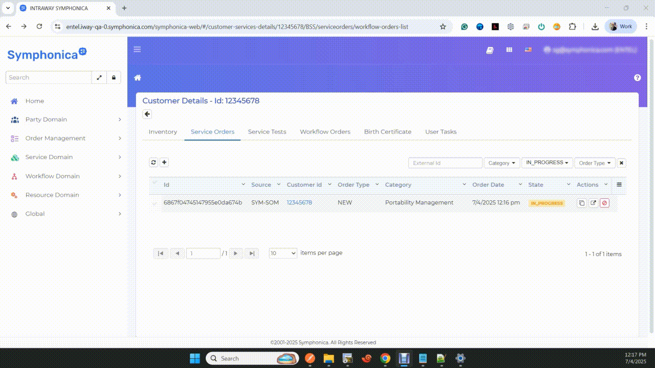 Symphonica order traceability: opening a service order and following its visual BPM workflow step by step to the point of failure.